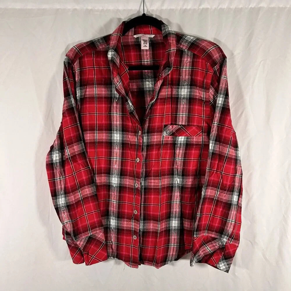 Victoria's Secret Sleep Shirt Women's Large Red Plaid Button Up Long Sleeve